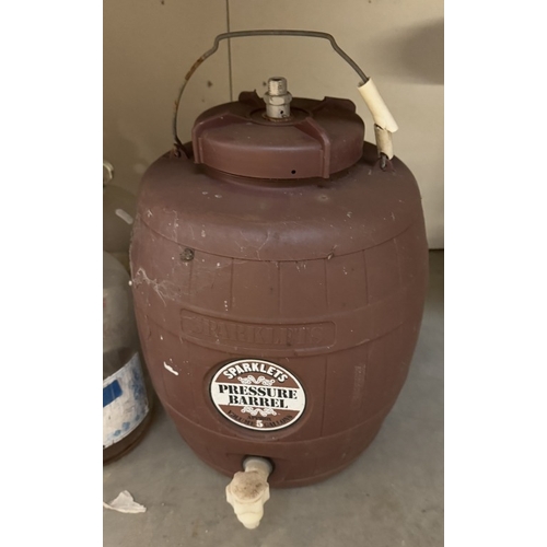 1820 - 2 plastic beer & wine fermenter barrels & 2 demi Johns