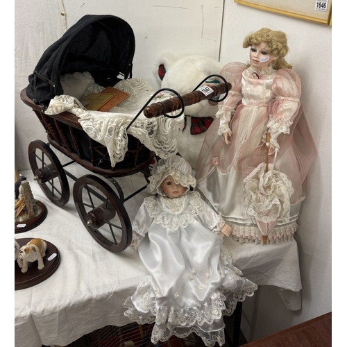 1647 - A Doll's pram, 2 Dolls & a Teddy