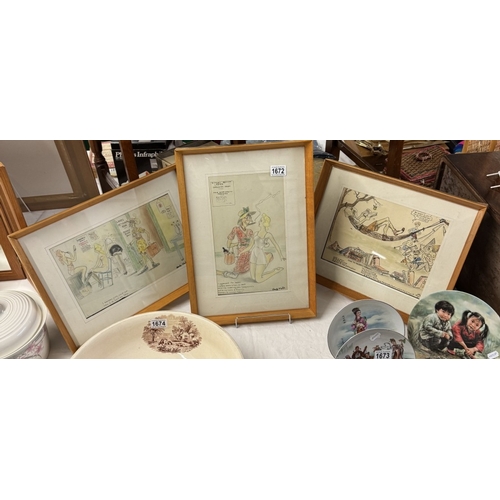 1672 - 3 vintage satirical military watercolours by Andy Wylie