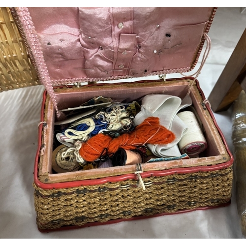 1685 - 2 sewing baskets (1 with contents)& a wicker magazine rack