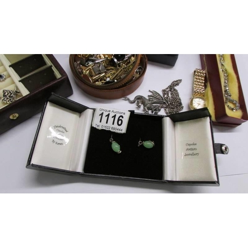 1116 - A mixed lot including silver ring, silver earrings, cameo pendant, cuff links and tie pins etc.,