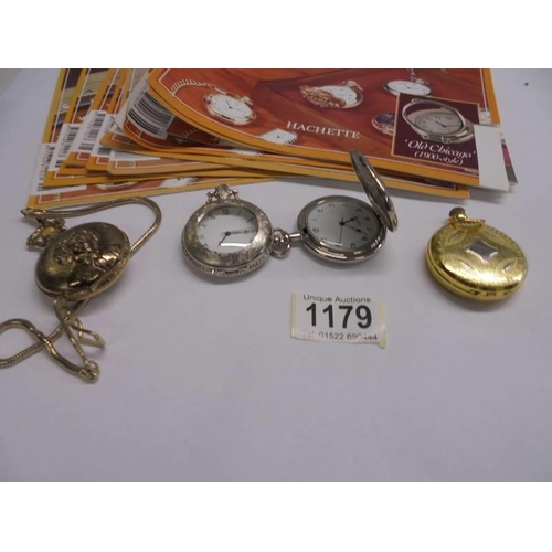 1179 - A quantity of pocket watch magazines and four pocket watches.