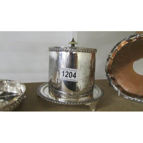 1204 - A mixed lot of silver plate including Walker & Hall tea caddy, cheese dish, tray etc.,