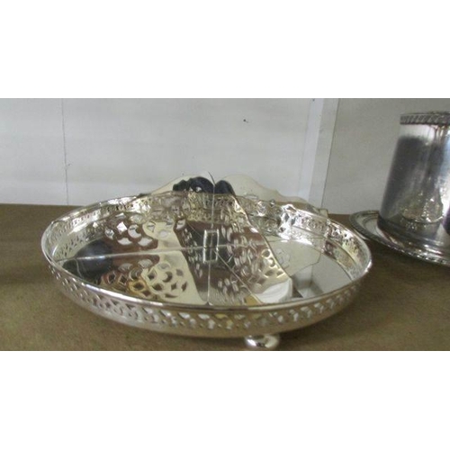 1204 - A mixed lot of silver plate including Walker & Hall tea caddy, cheese dish, tray etc.,