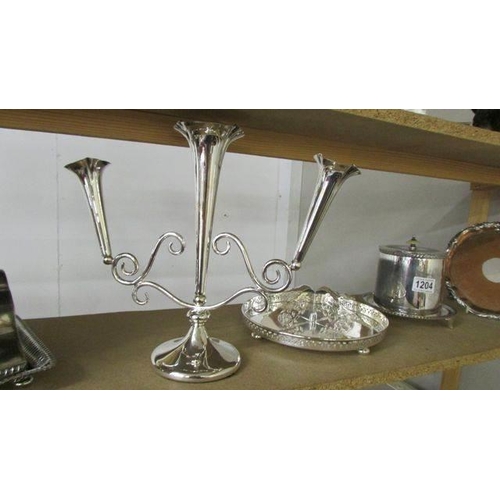 1204 - A mixed lot of silver plate including Walker & Hall tea caddy, cheese dish, tray etc.,