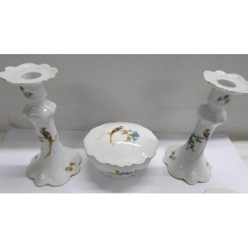 1244 - A six piece dressing table trinket set decorated birds.