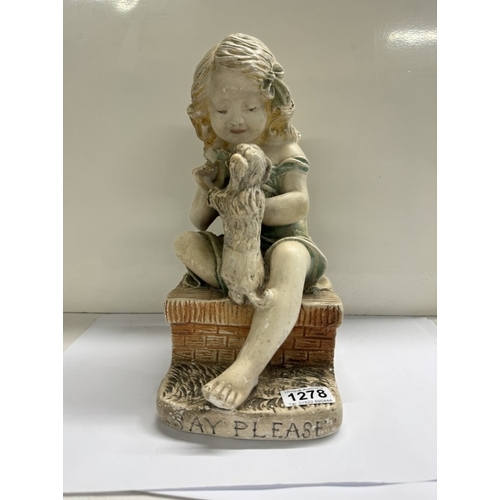 1278 - A vintage chalkware figure of a seated girl with dog 'Say Please' . Reg no 765573 LMC 47G