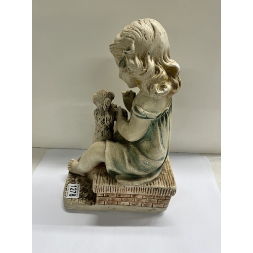 1278 - A vintage chalkware figure of a seated girl with dog 'Say Please' . Reg no 765573 LMC 47G