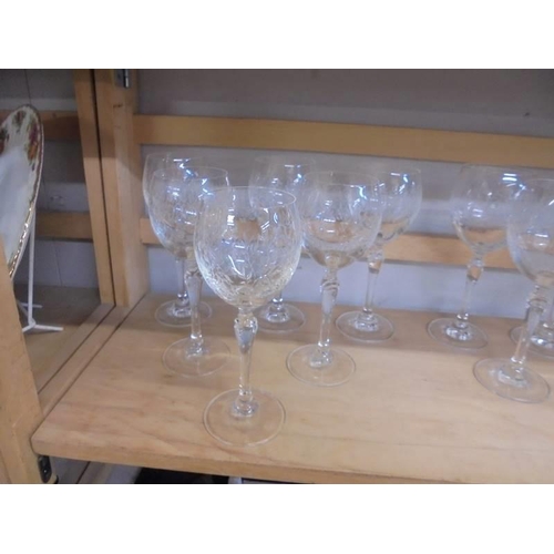 1297 - A set of 6 engraved champagne glasses, 2 sets of 6 engraved wine glasses, 2 sets of 6 crystal sherry... 