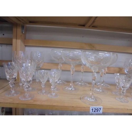 1297 - A set of 6 engraved champagne glasses, 2 sets of 6 engraved wine glasses, 2 sets of 6 crystal sherry... 