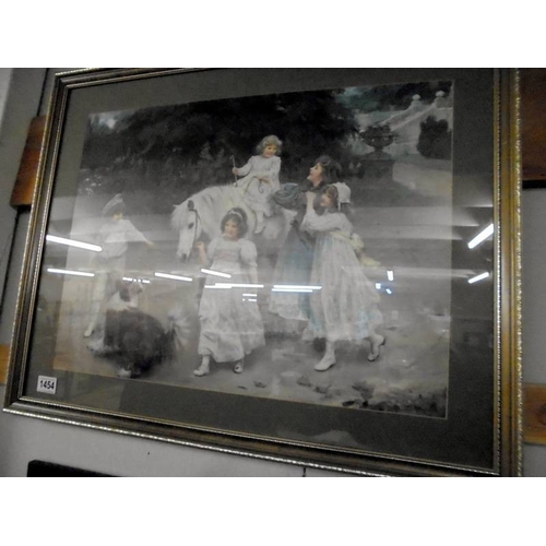 1454 - A framed and glazed nostalgic print featuring children with a horse and dog.