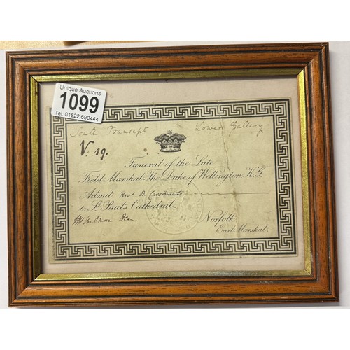 1099 - A framed and glazed invitation to the funeral of Field Marshall The Duke Of Wellington, circa 1852.