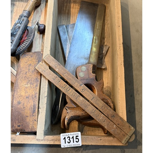 1315 - Two trays of vintage tools inluding files, saws etc.,