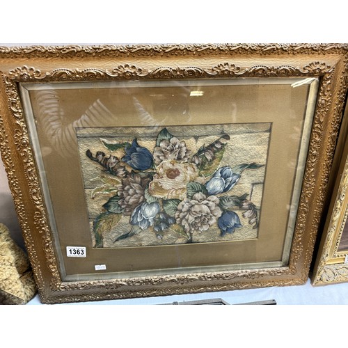 1363 - A vintage gilt frame patchwork still life study of flowers.