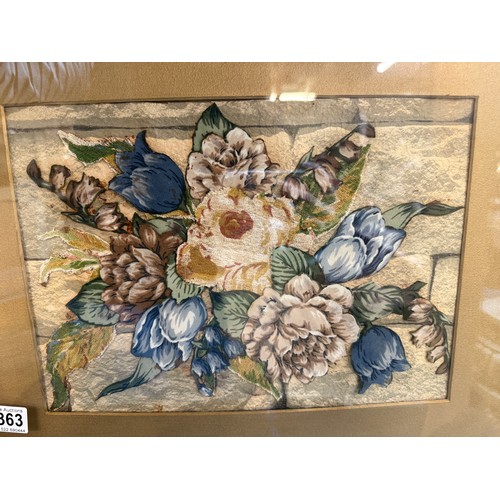 1363 - A vintage gilt frame patchwork still life study of flowers.