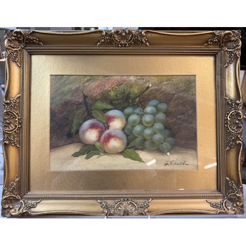 1372 - A pair of framed and glazed still life paintings featuring fruit, signed but indistinct.