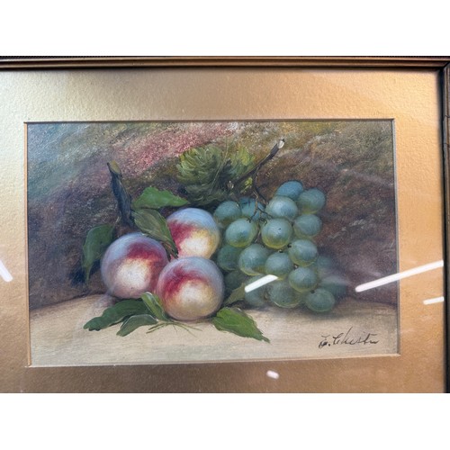 1372 - A pair of framed and glazed still life paintings featuring fruit, signed but indistinct.