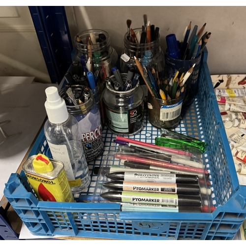 1054 - A quantity of sealed canvas boards & a mix of paint / pens etc