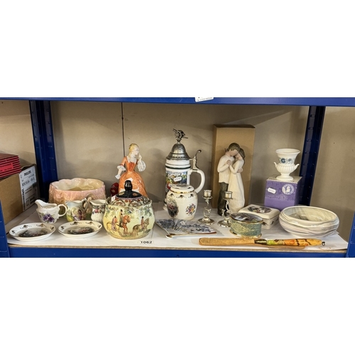 1062 - A mixed lot including music box, cherub candlesticks, Wedgwood, Chinese vase etc