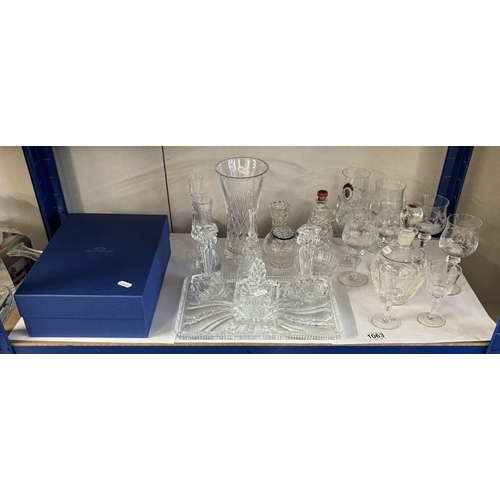 1063 - A dressing table set, 6 wine glasses, decanter, boxed P&O, set of champagne flutes etc