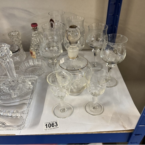 1063 - A dressing table set, 6 wine glasses, decanter, boxed P&O, set of champagne flutes etc