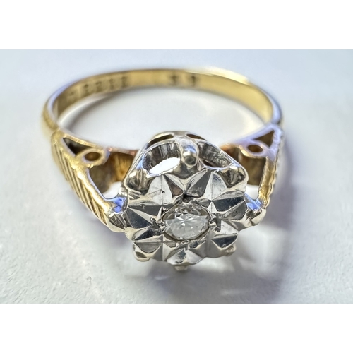 1018 - A diamond single stone ring circa 1970/80's, textured shoulders in 18ct gold, Birmingham hall mark, ... 