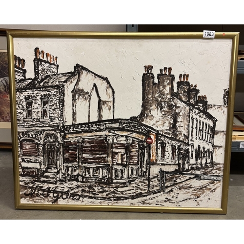 1083 - A framed oil on board impressionistic street corner scene (Another scene on reverse)