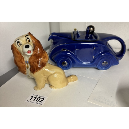 1102 - A Wade lady blow up & A vintage Sadler racing car teapot