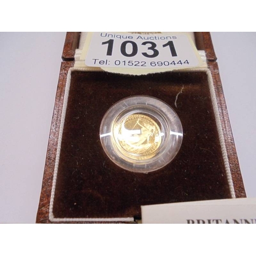 1031 - A 1990 Britannia 1/10 proof gold coin with certificate, No. 1277 of 2500.