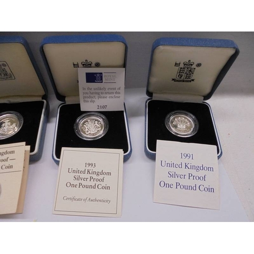 1106 - Five cased mint silver proof £1 coins.