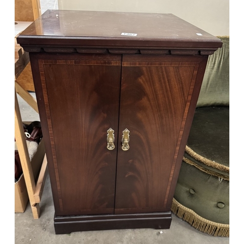 1467 - An inlaid dark wood stained 2 door cabinet with lift up lid