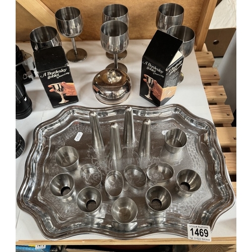 1469 - A quantity of stainless steel & chrome metalware including tray, goblets etc