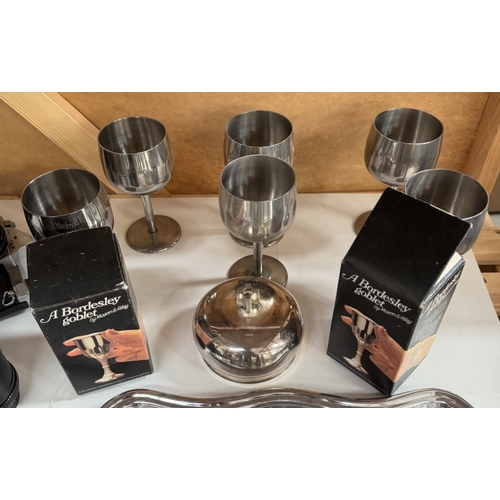 1469 - A quantity of stainless steel & chrome metalware including tray, goblets etc