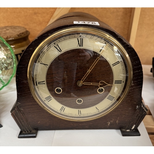 1476 - 2 1930s mantle clocks, 1 missing key