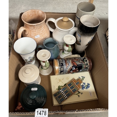 1478 - A London pottery blue stilton cheese pot, selection of vases, candlestick, German beer stein, Arthur... 