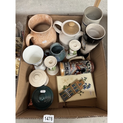1478 - A London pottery blue stilton cheese pot, selection of vases, candlestick, German beer stein, Arthur... 