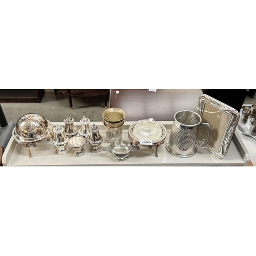 1488 - A set of 3 Lourdes beakers & A selection of silver plate including photograph frame, butter dishes e... 