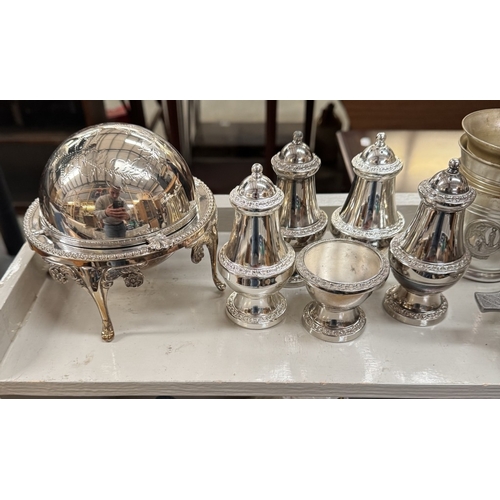 1488 - A set of 3 Lourdes beakers & A selection of silver plate including photograph frame, butter dishes e... 