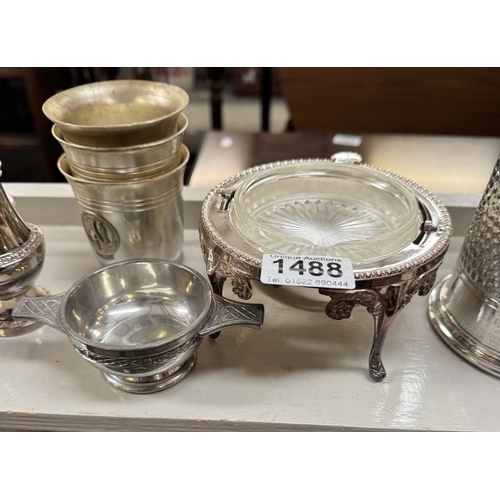 1488 - A set of 3 Lourdes beakers & A selection of silver plate including photograph frame, butter dishes e... 