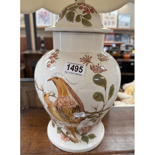 1495 - A large hand painted ceramic ginger jar type lamp signed S.Baxter