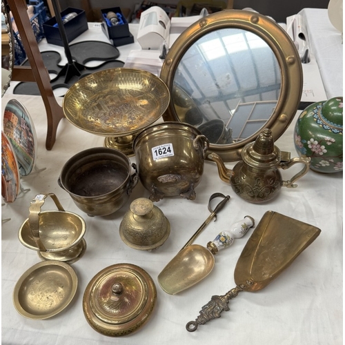 1624 - A brass port hole mirror & other brassware
