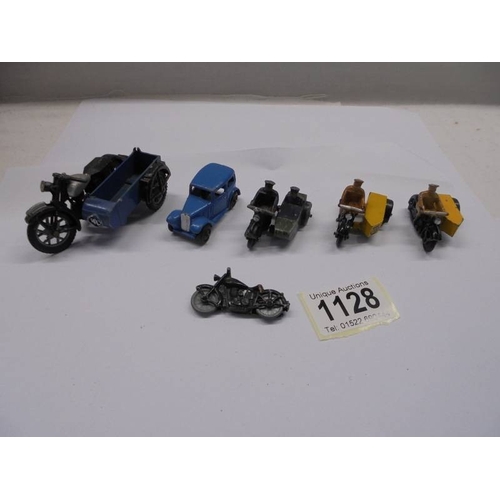 1128 - A collection of Post war Dinky AA & Police motor cycle with sidecars, Auctin 7 etc.,