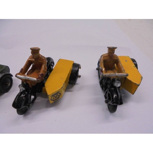 1128 - A collection of Post war Dinky AA & Police motor cycle with sidecars, Auctin 7 etc.,