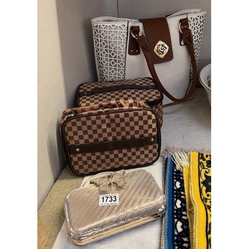 1733 - A Ladys handbag, Hardcase butterfly clutch case & Cloth washbags