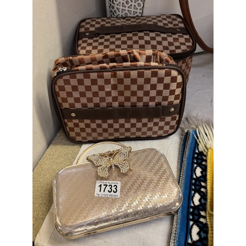 1733 - A Ladys handbag, Hardcase butterfly clutch case & Cloth washbags