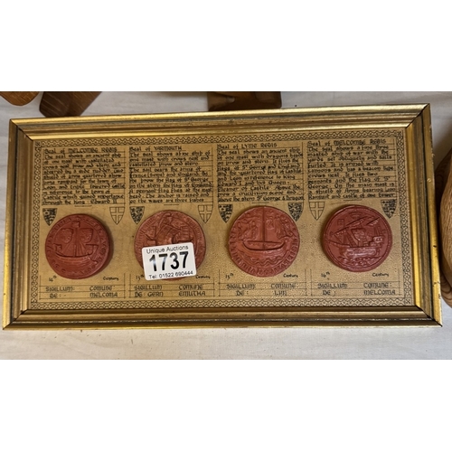 1737 - Some carved wood items. The wood types are represented by the tree shapes. (One with town seals)