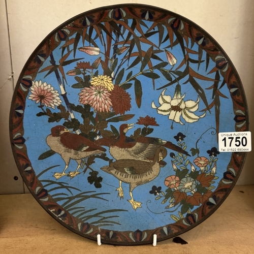 1750 - An early Cloisonne' plate featuring birds, a/f.