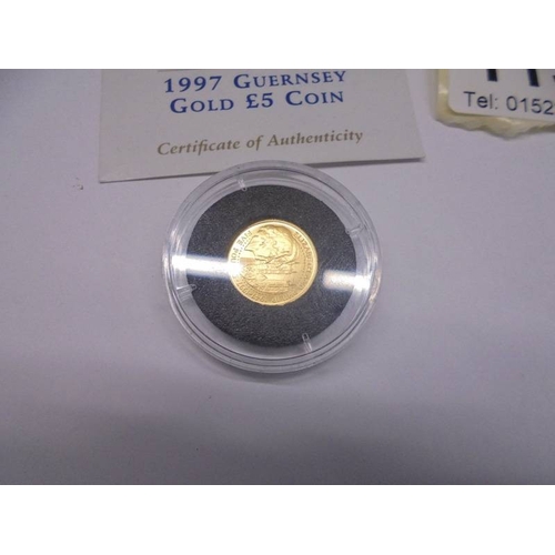 1134 - A 24ct gold 1997 Guernsey gold £5 coin, 1.24 grams.