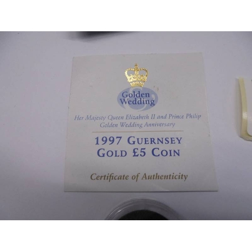 1134 - A 24ct gold 1997 Guernsey gold £5 coin, 1.24 grams.