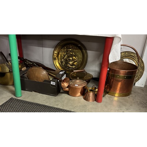 1400 - A good lot of 19th and 20th century copper and brass including kettle, jam pan, shell cases etc.,